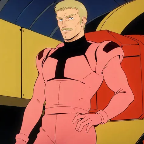 masterpiece,high quality,
<lora:dukerandrenda001:0.7>,
dukeriq,1man,
blonde hair,mustache,beard,facial hair,
turtleneck,space pink pilot suit,
