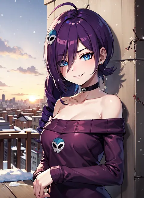 1girl, zone-tan, hair over one eye, ahoge, drill hair, skull hair ornament, medium breasts, purple sweater, off-shoulder sweater, thighhighs, black panties, (naughty face:1.3), (evil smile:1.2), (evil eyes:1.1), blush, outdoors, Masterpiece, best quality, detailed background, intricate details, detailed, <lora:detail_slider_v4:1.25> <lora:newgrounds_zone-tan-justTNP:0.8>