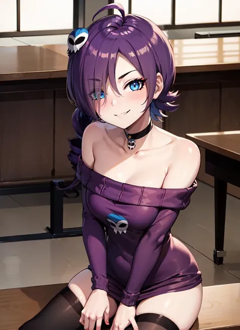 best quality, masterpiece, (leaning over:1.4), 
1girl, yuzuriha_(jigokuraku), purple hair, brown eyes, ninja, open clothes, cleavage, small breasts, topknot, medium hair, breasts apart, seductive smile, pants, undressing,  (blush:1.1),  japanese exterior, classroom