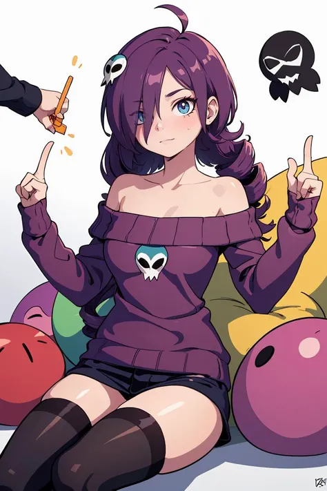(masterpiece, best quality), 1girl, <lora:newgrounds_zone-tan:0.8> zone-tan, hair over one eye, ahoge, drill hair, skull hair ornament, off-shoulder sweater, thighhighs