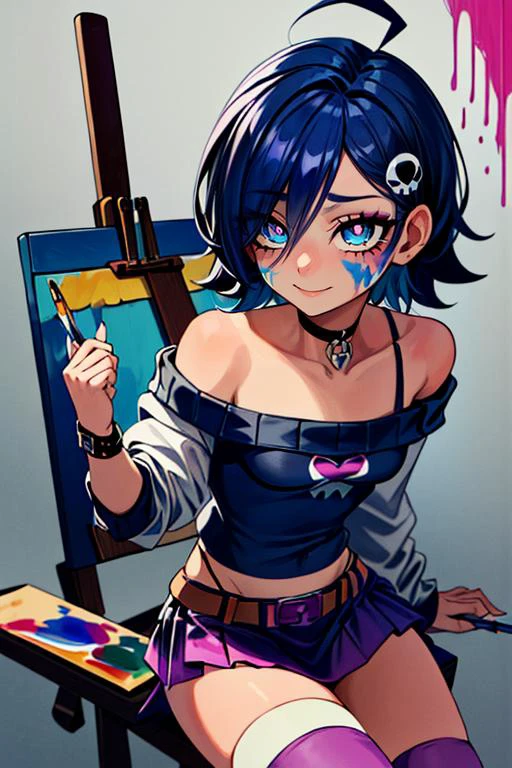 (masterpiece, best quality, highres, absurdres, ultra-detailed:1.3), 1girl, (slim, petite, toon, medium breasts, cel-shading), <lora:Squeezer2:0.4>, <lora:newgrounds_zone-tan-10:0.4>zone-tan, hair over one eye, ahoge, drill hair, skull hair ornament, off-shoulder sweater, black thighhighs, purple hair, blue eyes, (fuschia pink panties, pretty pupils, sitting, from above), black choker, <lora:edgGrungeFreestyle:0.8>(happy, energetic, dynamic:1.3), (edgGrunge, wearing edgGrunge fashion:1.6), (short skirt, paint on body, paint on face, mascara, paint roller, easel, artistic paint splat, art gallery background:1.6), <lora:add_detail_v1:0.8>, <lora:LowRA:0.8>