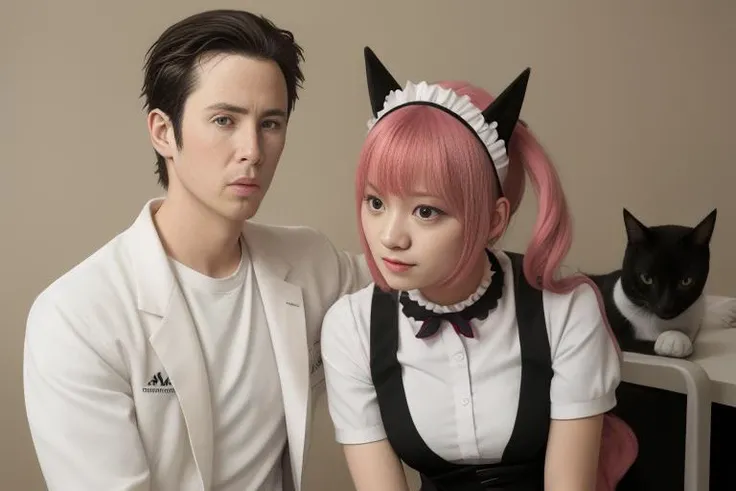 2shot, photograph, real-life, okabe-18000, whitecoat, workshop table, teenager, college student, young,  (lanky:0.4),  AND
2shot, photograph, real-life, rumiho,  mischievous, black cat ears with white headband, workshop table, (pointed chin:1.2),  pink hair, long twintails, (Asian:0.3)