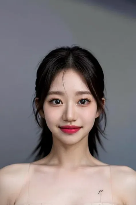 (masterpiece, top quality, best quality, (close-up photograph: 2), ((1girl)), fair skin, (((closed lips))), small eyes, (extremely detailed face), looking straight, ultra-detailed eyes and pupils, ((bare pectorals)), ((bare chest)), bare head, nude dress, (((bare shoulders))), symmetrical frame, ((strapless)), (((smile))), ((symmetrical pose)), looking at viewer, (((looking at viewer))), (symmetrical face: 1.6), 35mm, simple grey background, ((studio lighting)), no watermark, ((high ponytail)), <lora:julielorashy:1>