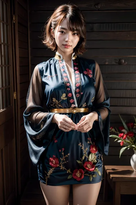 (realistic:1.3), finely detailed, quality, rembrandt lighting, (masterpiece:1.2), (photorealistic:1.2), (best quality), (detailed skin:1.3), (intricate details), dramatic, ray tracing, 1girl, japanese girl, 21 years old, detailed skin texture, (blush:0.5), (goosebumps:0.5), subsurface scattering, smiling, medium breasts, short hair curls, bangs, hair between eyes, short dress,, gold embroidery, long sleeves, bell sleeves, sleeves past wrist, see-through, polka dot, cowboy shot, (bright sunny day), <lora:fushi_20230810121655:0.7>