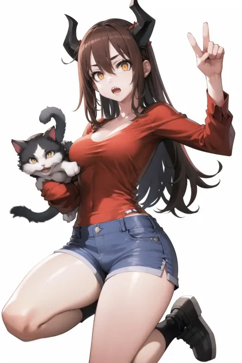 <lora:jun_(seojh1029)_v0.1:1>
1girl, solo, long hair, breasts, looking at viewer, open mouth, simple background, brown hair, shirt, long sleeves, white background, holding, hair between eyes, yellow eyes, horns, shoes, shorts, orange eyes, denim, sharp teeth, demon horns, red shirt, blue shorts, pink shirt, shirt tucked in, red horns, cross-shaped pupils, holding cat, masterpiece, best quality, highly detailed