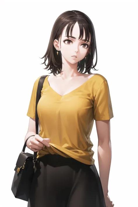 <lora:jun_(seojh1029)_v0.1:1> 
1girl, solo, skirt, simple background, brown hair, shirt, white background, brown eyes, jewelry, collarbone, short sleeves, earrings, parted lips, medium hair, bag, looking to the side, black shirt, handbag, shoulder bag, masterpiece, best quality, highly detailed