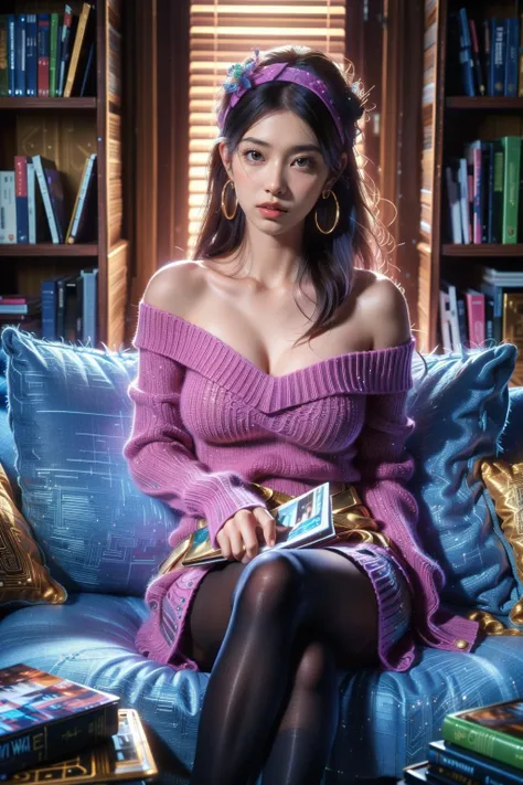 1girl, yor briar, solo, jewelry, sweater, off-shoulder sweater, pantyhose, black hair, crossed legs, sitting, earrings, off shoulder, hairband, black pantyhose, looking at viewer, white hairband, blurry background, window, blurry, long hair, book, breasts, indoors, realistic, bare shoulders, sweater dress, bookshelf, lips, bangs, red sweater, closed mouth, gold earrings, feet out of frame, collarbone, blue eyes, dress, cleavage, pillow, depth of field,
Best quality,masterpiece,ultra high res,<lora:20240304-1709534878700-0020:0.65>,saibosenlin,(glowing:1.1),fantasy,colorful,