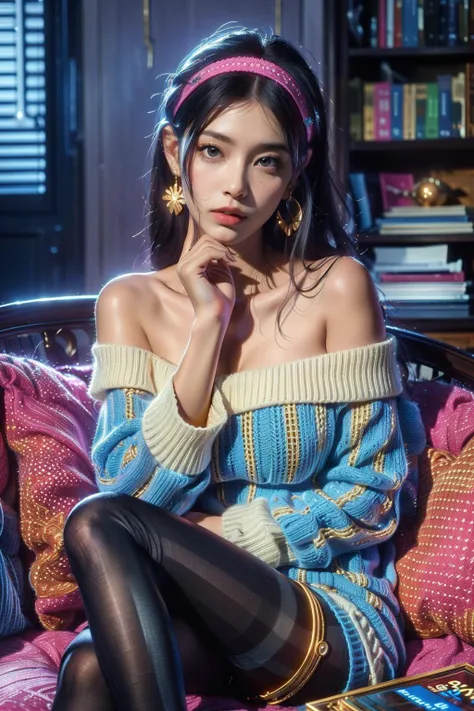 1girl, yor briar, solo, jewelry, sweater, off-shoulder sweater, pantyhose, black hair, crossed legs, sitting, earrings, off shoulder, hairband, black pantyhose, looking at viewer, white hairband, blurry background, window, blurry, long hair, book, breasts, indoors, realistic, bare shoulders, sweater dress, bookshelf, lips, bangs, red sweater, closed mouth, gold earrings, feet out of frame, collarbone, blue eyes, dress, cleavage, pillow, depth of field,
Best quality,masterpiece,ultra high res,<lora:20240304-1709534878700-0020:0.65>,saibosenlin,(glowing:1.1),fantasy,colorful,