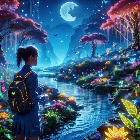 saibosenlin, 1girl, scenery, flower, tree, bag, solo, moon, fantasy, butterfly, backpack, bug, glowing, standing, ponytail, school uniform, water, skirt, bird, long hair, night,
Best quality,masterpiece,ultra high res,<lora:20240304-1709534878700-0020:0.7>,