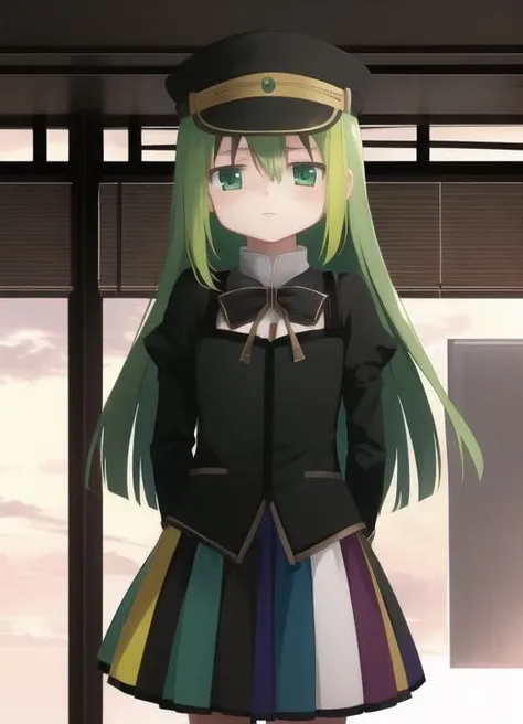 <lora:alina2-10:0.8>, <lora:madocus-64:1> (alina_gray), magia_record:_mahou_shoujo_madoka_magica_gaiden, vertical-striped skirt, 1girl, green_hair, peaked_cap, (blunt_ends), very_long_hair