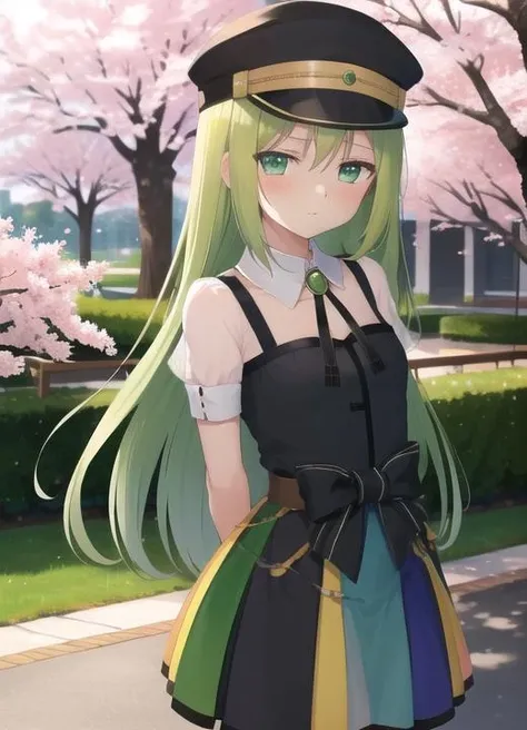 <lora:alina2-10:0.8>, (alina_gray), magia_record:_mahou_shoujo_madoka_magica_gaiden, vertical-striped skirt, 1girl, green_hair, peaked_cap, (blunt_ends), see-through_sleeves, very_long_hair, park, cherry_blossoms, (arms_behind_back)