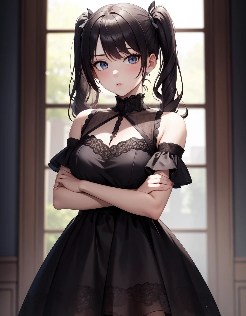 (masterpiece:1.2, best quality), detailed face, 1girl, solo, (cowboy shot), (looking at viewer),
goth, twintails, dress, black hair, expressionless, crossed arms, black dress,