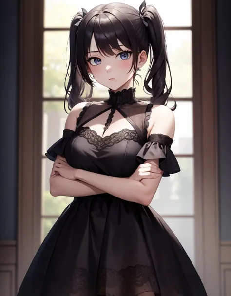 (masterpiece:1.2, best quality), detailed face, 1girl, solo, (cowboy shot), (looking at viewer),
goth, twintails, dress, black hair, expressionless, crossed arms, black dress,