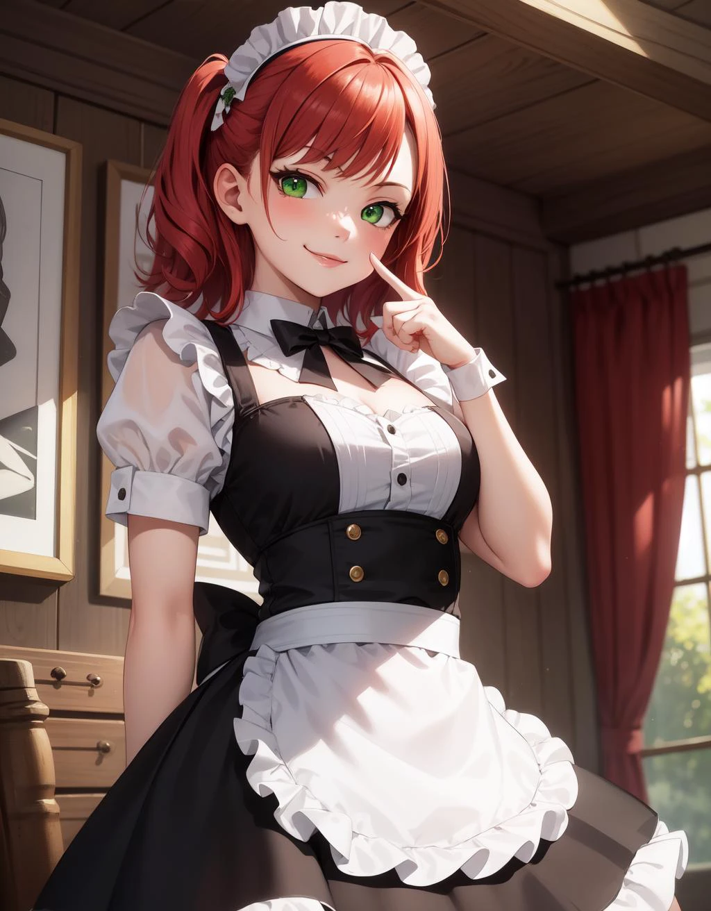 (masterpiece:1.2, best quality), detailed face, 1girl, solo, (cowboy shot), (looking at viewer),
(finger on mouth), smug, smile, red hair, green eyes, maid,