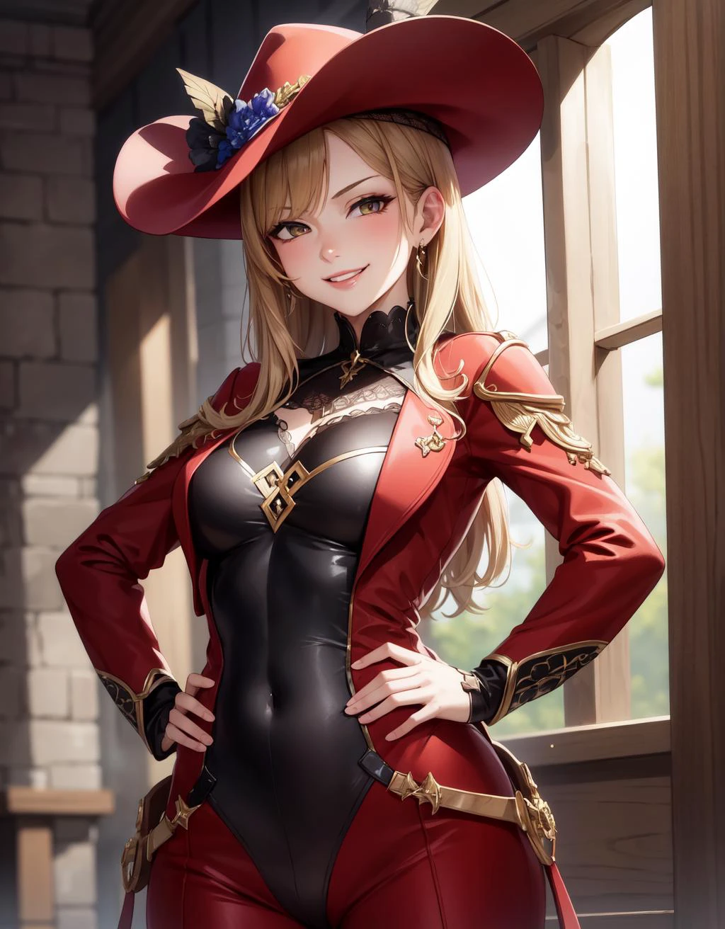 (masterpiece:1.2, best quality), detailed face, 1girl, solo, (cowboy shot), (looking at viewer),
shiny lips, (evil smile), hands on hips, haughty,