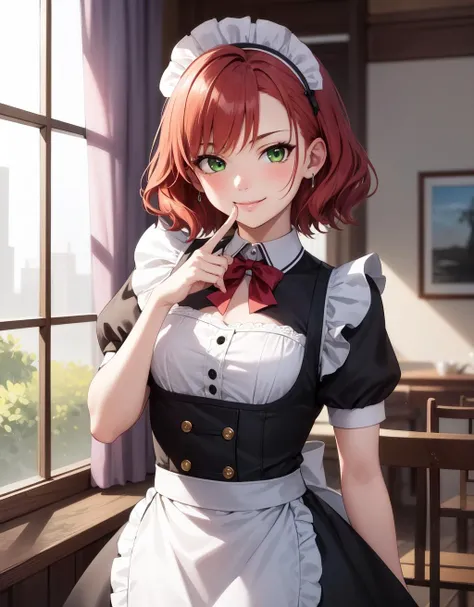 (masterpiece:1.2, best quality), detailed face, 1girl, solo, (cowboy shot), (looking at viewer),
(finger on mouth), smug, smile, (short red hair), green eyes, maid,