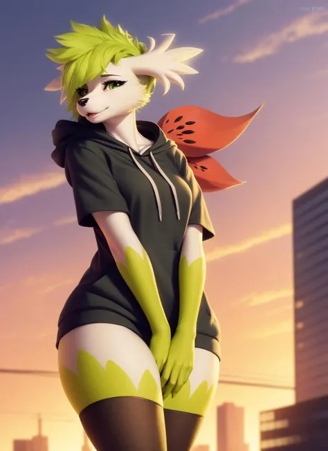(shaymin:1.1), furry female, anthro, red flower petal, (black hoodie:1.3), solo, (body fur:1.2), (best quality), (detailed urban background:1.2), dramatic lighting, (detailed fluffy fur:1.1), looking at viewer,  green eyes, animal ears, <lora:shaymin-v1:1>