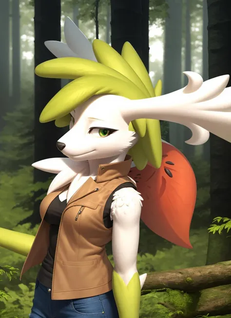 shaymin, sky forme shaymin, furry female, deer, anthro, (sleeveless:1.2), brown jacket vest, solo, (body fur:1.2), (best quality), (detailed forest background:1.2), cloudy, (detailed fluffy fur:1.1), looking at viewer, green eyes, red flower petal, smile, green hands,  <lora:shaymin-v1:1>