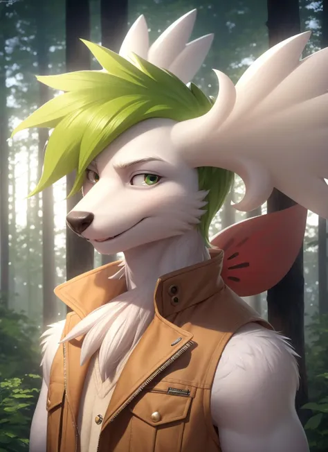 shaymin, sky forme shaymin, furry male, deer, anthro, portrait, sleeveless, brown jacket vest, solo, (body fur:1.2), (best quality), (detailed forest background:1.2), cloudy, (detailed fluffy fur:1.1), looking at viewer,  muscular, green eyes, red flower petal, smile, <lora:shaymin-v1:1>