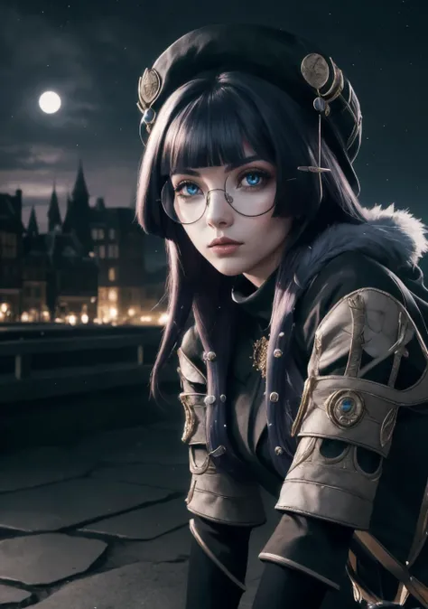 Winter Wonderland: A cozy turtleneck sweater, skinny jeans, knee-high boots, and a faux fur coat.,The Clockwork City: A bustling metropolis entirely built from gears, cogs, and machinery. Steam-powered vehicles and mechanical constructs navigate its labyrinthine streets,<lora:PelaV4:1>,pelav4,1girl,glasses,gloves,pantyhose,black gloves,beret,black headwear,hair ornament,elbow gloves, AS-AdultV2,cowboyshot,dynamic angle,(fantasy style:1.2),(high quality:1.3),(best quality:1.3),(masterpiece:1.3),official art,official wallpaper,4k textures,(epic:1.2),(mysterious atmosphere:1.2),moonlight setting,midnight sky,(twilight:1.2),subtle sparkles,whimsical vibes,(detailed:1.05),(extremely detailed:1.06),sharp focus,(intricate:1.03),(extremely intricate:1.04),low contrast,soft cinematic light,soothing tones,hdr,(beautiful scenery:1.08),(detailed scenery:1.08),(intricate scenery:1.07),(wonderful scenery:1.05),(beautiful face:1.1),[perfect eyes:0.8],[perfect skin:0.8],[detailed face:0.8],[detailed eyes:0.8],[detailed hair:0.9],[detailed lips:0.8]