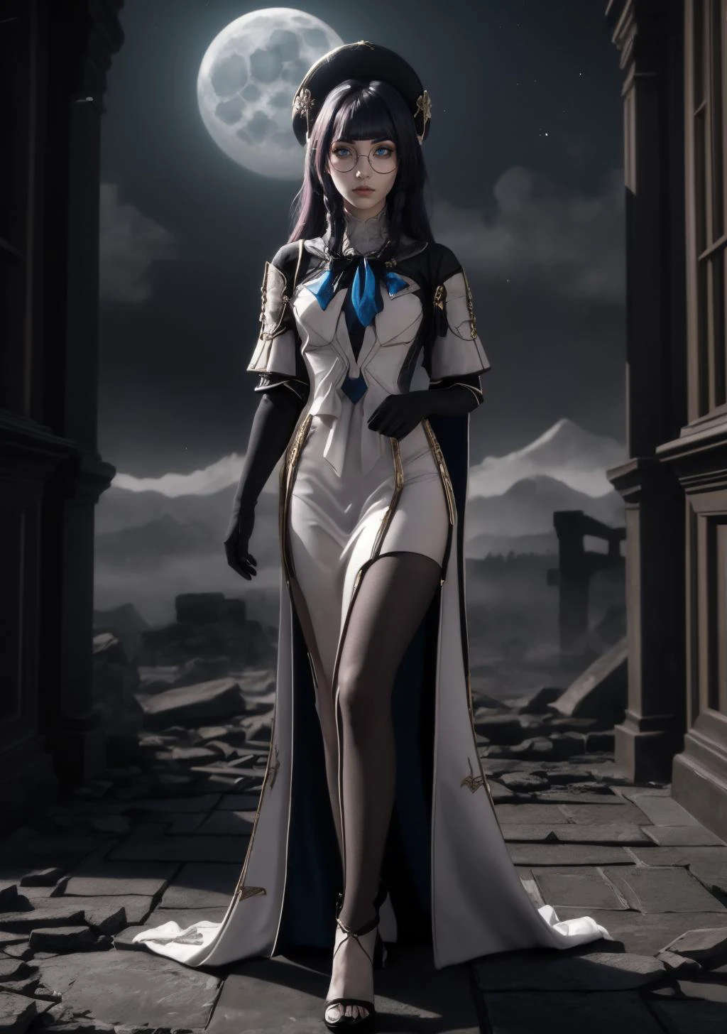 Elegant Evening Gown: A floor-length gown with a slit, strappy heels, and a metallic clutch.,The Shadowed Ruins: A desolate, haunted landscape scattered with crumbling, ancient ruins. Eerie mist shrouds the area, and ghostly apparitions wander the decaying structures,<lora:PelaV4:1>,pelav4,1girl,glasses,gloves,pantyhose,black gloves,beret,black headwear,hair ornament,elbow gloves, AS-AdultV2,cowboyshot,dynamic angle,(fantasy style:1.2),(high quality:1.3),(best quality:1.3),(masterpiece:1.3),official art,official wallpaper,4k textures,(epic:1.2),(mysterious atmosphere:1.2),moonlight setting,midnight sky,(twilight:1.2),subtle sparkles,whimsical vibes,(detailed:1.05),(extremely detailed:1.06),sharp focus,(intricate:1.03),(extremely intricate:1.04),low contrast,soft cinematic light,soothing tones,hdr,(beautiful scenery:1.08),(detailed scenery:1.08),(intricate scenery:1.07),(wonderful scenery:1.05),(beautiful face:1.1),[perfect eyes:0.8],[perfect skin:0.8],[detailed face:0.8],[detailed eyes:0.8],[detailed hair:0.9],[detailed lips:0.8]