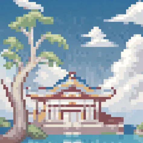east asian architecture, lake, tree, blue sky, cloud,