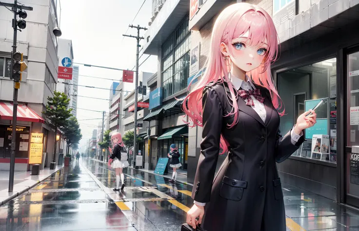 ((best quality)), (masterpiece:1.2),(delicate and beautiful girl), illustration,1girl,pink hair,very long hair,blue eyes,looking at viewer,rain,rainy day,raincoat, school uniform,towncar,street,traffic light,<lora:odinSphereStyle_v11:0.6>