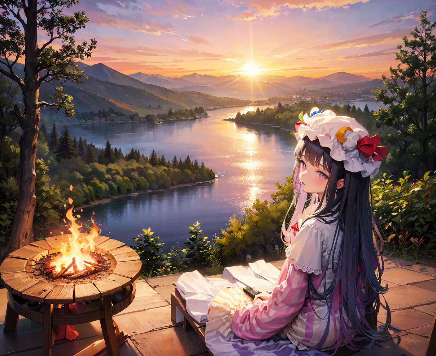 ((patchouli_knowledge)), 1girl, orange_sky, sunset, twilight, autumn, autumn_leaves, fire, gradient_sky, mountainous_horizon, evening, dusk, 1girl, red_sky, cloud, mountain, scenery, campfire, cloudy_sky, sky, sun,tree, outdoors,solo, long_hair, horizon, building, lake, river, water, sunrise, cityscape, purple_sky, holding, holding_leaf, city, ocean, leaf