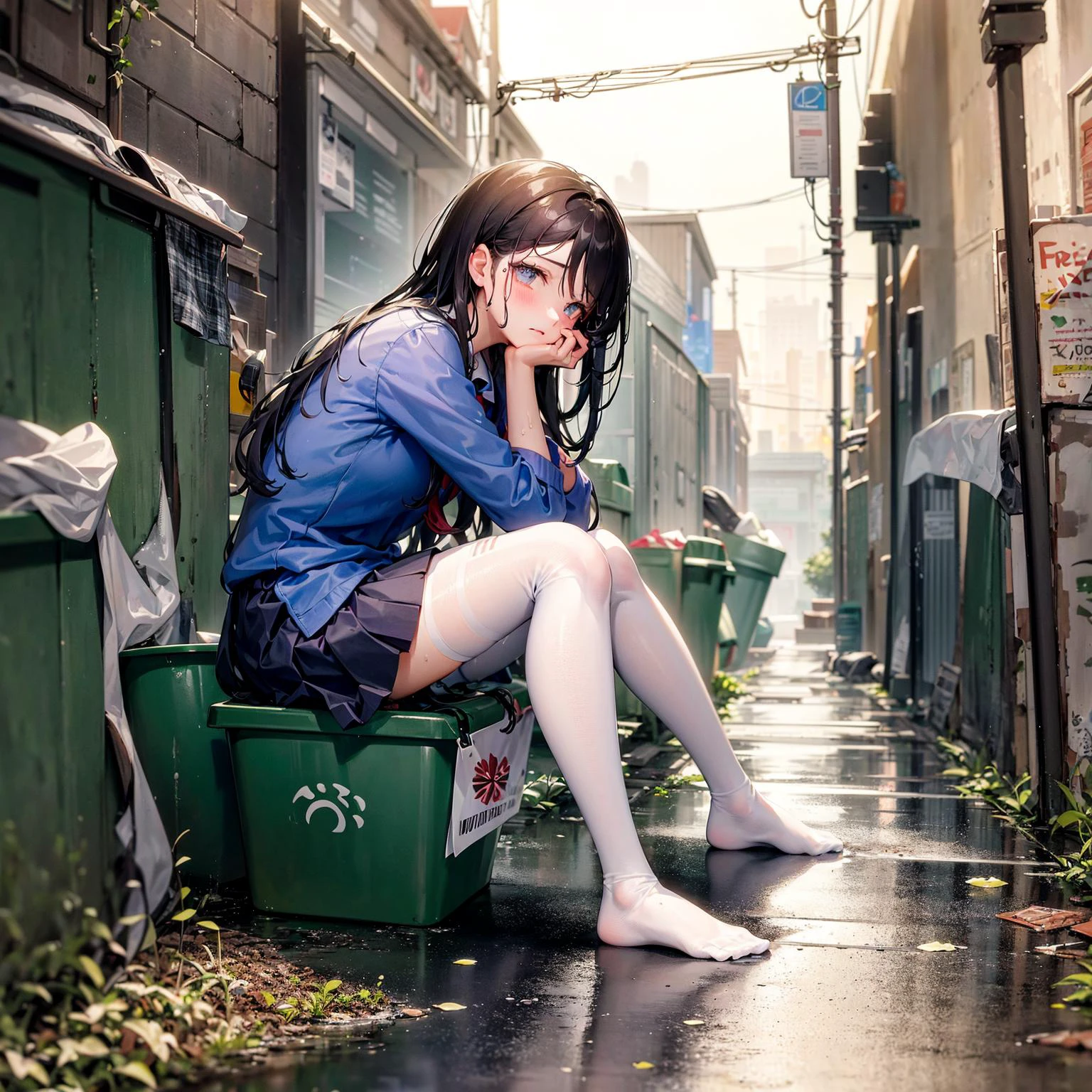 A girl in a school uniform sat on the wet ground in a dirty and cluttered alley, her clothes soaked through from the rain.white pantyhose without shoes,She was surrounded by overflowing trash bins and piles of garbage, the stench overwhelming. Tears streamed down her face, her sobs the only sound in the otherwise quiet and desolate alleyway. The rain continued to fall, drumming against the pavement and mixing with the refuse to create a disgusting slurry at her side.