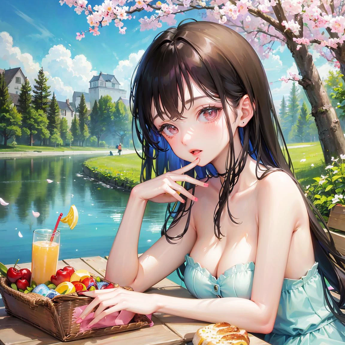 illustration,1girl,(((face lighting))),(((strong sunlight))),(dappled sunlight on her:1.25),long hair,(upper body),topless,sitting,medium breasts,picnic,food,blue sky,Wooden house,outdoors,looking at viewer,picnic basket, spring (season), juice,cup,lake,forest, nature,cherry blossoms, sakura,wind,