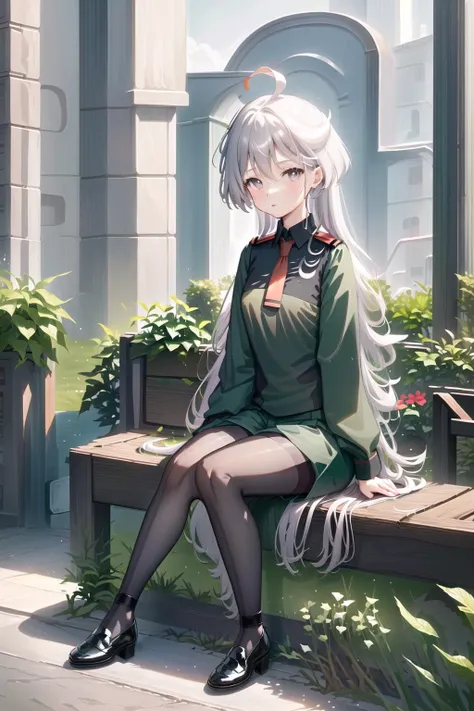 miorine, asticassiaSoT_default_uniform, 1girl, ahoge, bamboo, bangs, black_footwear, black_legwear, black_shirt, flower, flower_pot, grass, grey_eyes, hair_between_eyes, holding, ivy, leaf, lily_\(flower\), long_hair, long_sleeves, looking_at_viewer, necktie, pantyhose, parted_lips, plant, potted_plant, shirt, shoes, sitting, shorts, sitting on bench, solo, vase, very_long_hair, vines, watering_can, white_flower, <lora:Miorine-000009:0.6>,close up, <lora:doortoinfinity:1.0>