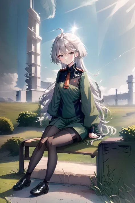 miorine, 1girl, miorine rembran, asticassia school uniform, solo, long hair, grey eyes, grey hair, ahoge, seamed legwear, green shorts, necktie, bangs,black pantyhose, long sleeves, green jacket, red necktie, fields, pl,ants, sunlight, windmills, Lights, full body, black shoes, happy,sitting, sitting on bench, <lora:Miorine-000009:0.8><lora:doortoinfinity:1.0>