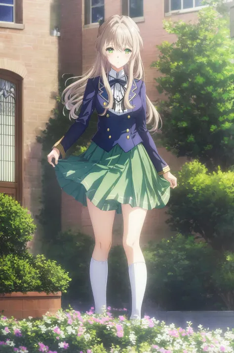 <lora:merge:0.8>, 1girl, full body, violet evergarden, school uniform, short skirt, green skirt, white shirt, architecture background,