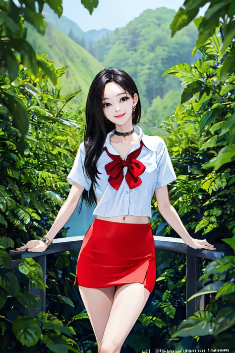 <lora:hyominlorashy:1>hyominlorashy,jewelry, black hair, navel,choker, school uniform, mini skirt, nature, flowers,
(best quality, masterpiece, RAW photo,ultra-detailed:1.2), <lyco:GoodHands-beta2:1.0>,1girl,solo,looking at viewer,smile
