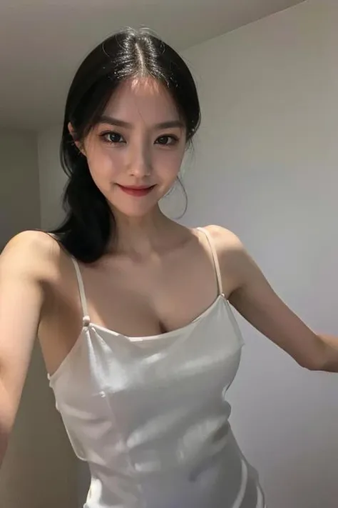 1girl,(masterpiece:1.2), (best quality:1.2), (extremely detailed), cleavage, selfie from center front, (extremely detailed face), ultra-detailed eyes and pupils, (ultra detailed), 8k, photorealistic, pretty face, smile, instagram shot, instagram style, in the bedroom, looking at viewer, facing front, perfect skin, cinematic lighting, fair skin, black hair, high ponytail, black eyes, upper body, portrait photo, slim, slender, no makeup, nikon RAW photo, 8k ,Fujifilm XT3, photorealistic, armpits, detailed face, fair skin, perfect shape, slim face, indoors, dim lighting, (((Elegant Alluring Silk Slip Dress))), (looking at viewer:1.2), <lora:hyominlorashy:1>