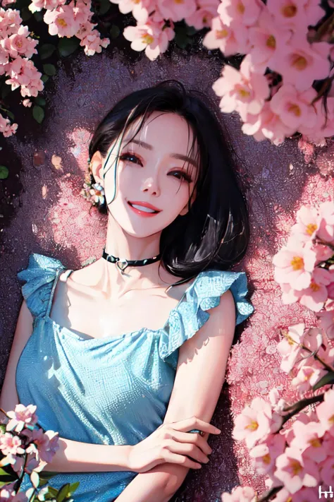 <lora:hyominlorashy:1>hyominlorashy,jewelry, black hair, choker, facial close up, nature, flowers, from above, lying,
(best quality, masterpiece, RAW photo,ultra-detailed:1.2), <lyco:GoodHands-beta2:1.0>,1girl,solo,looking at viewer,smile