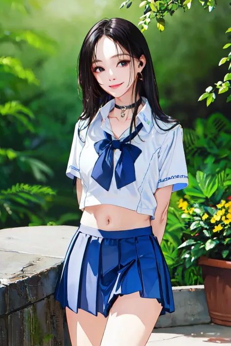 <lora:hyominlorashy:1>hyominlorashy,jewelry, black hair,  navel,choker, school uniform, nature, flowers,
(best quality, masterpiece, RAW photo,ultra-detailed:1.2), <lyco:GoodHands-beta2:1.0>,1girl,solo,looking at viewer,smile