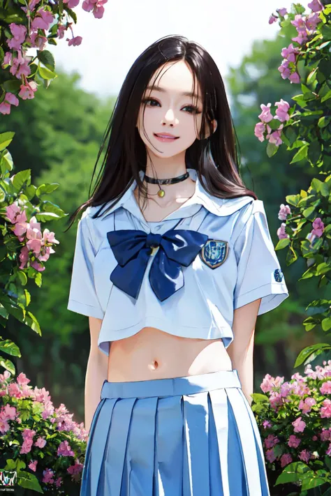 <lora:hyominlorashy:1>hyominlorashy,jewelry, black hair, navel,choker, school uniform, nature, flowers, from below,
(best quality, masterpiece, RAW photo,ultra-detailed:1.2), <lyco:GoodHands-beta2:1.0>,1girl,solo,looking at viewer,smile