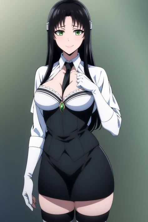 marguerit <lora:marguerit_farom:0.8> , medium breasts, black thighhighs, office lady, necktie, black suit, pencil skirt, black hair, beautiful face, green eyes, smile, closed mouth, (masterpiece:1.2), best quality, absurdres, highres, extremely detailed wallpaper, perfect lighting, cowboy shot, standing,
