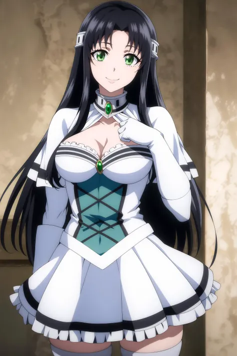 marguerit <lora:marguerit_farom:0.9> , medium breasts, dress, miniskirt, white thighhigh, silver boots, black hair, beautiful face, green eyes, smile, (masterpiece:1.2), best quality, absurdres, highres, extremely detailed wallpaper, perfect lighting, cowboy shot,