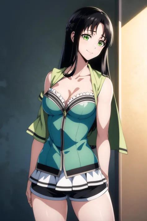 marguerit <lora:marguerit_farom:0.8> , medium breasts, tank top, jacket, shorts, black hair, beautiful face, green eyes, smile, closed mouth, (masterpiece:1.2), best quality, absurdres, highres, extremely detailed wallpaper, perfect lighting, cowboy shot, standing,