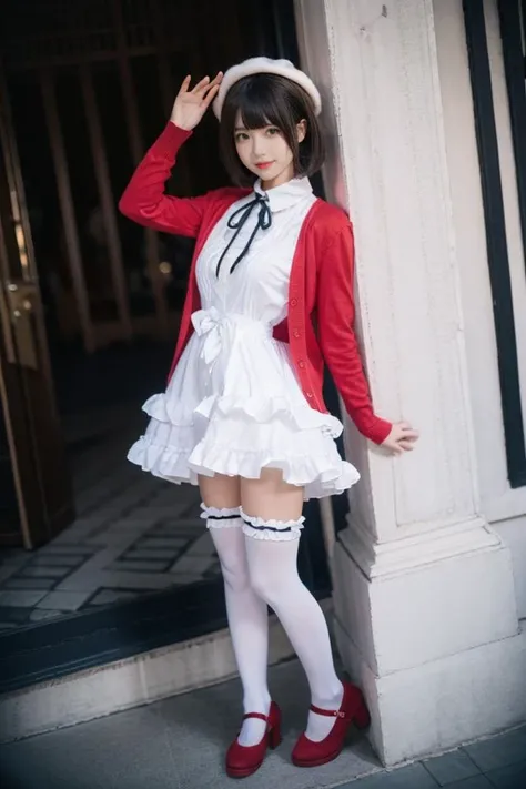 catss，Bow knot，White calf socks，shift dresses，personification，standing on your feet，full bodyesbian