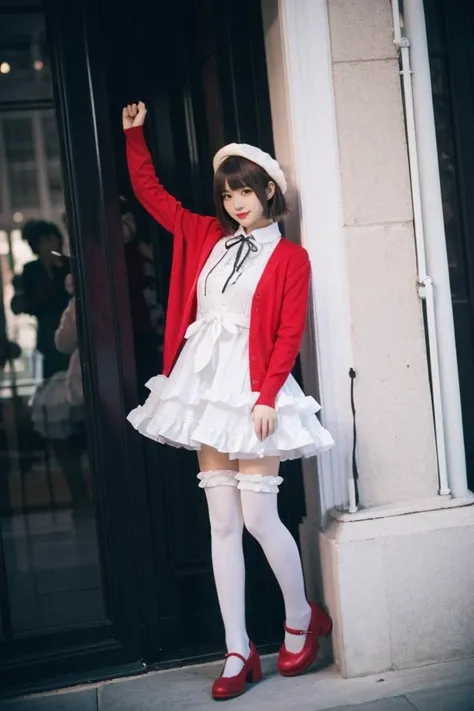 Close look, White stockings, masterpiece, best quality, White dress, Brown hair, <lora:megumi-katou-cosplay:0.7>, megumi-katou-cosplay, Red jacket, Frills, (Layered:1.0), Beautiful night, stars on sky, (land), (flowers:1.2), (night theme:1.2), (Official_wallpaper:1.3), (Falling star:1.2), (Nebula in sky:1.3)