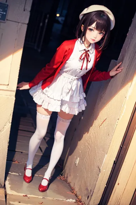 ultra-detailed,highly detailed,best quality,masterpiece,illustration,
kato megumi, 1girl, solo, katou megumi, cosplay,
white hat,frills thighhighs, dress, cardigan, skirt,long sleeves,blue neck ribbon,beret, headwear, open cardigan,red cardigan, frilled trim, (red:1.5) footwear,
short hair, blunt bangs, bob cut,
<lora:kato megumi_v1_03:0.7>
(full body shot:1.3),
dutch angle,
walking,
smile,, <lora:neg4all_bdsqlsz_V3.5:1>