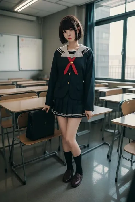 ultra-detailed,highly detailed,best quality,masterpiece,illustration,
kato megumi,1girl, school uniform, katou megumi, solo, cosplay,
short hair, bob cut, jacket, blunt bangs,
serafuku,socks, loafers,sailor dress,neck ribbon, long sleeves,
looking at viewer,cowboy shot,
<lora:kato megumi_uni_v1_02:0.7>
