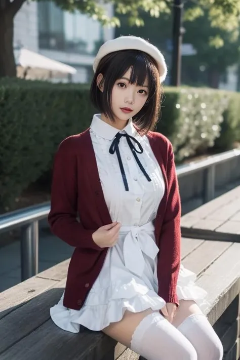 ultra-detailed,highly detailed,best quality,masterpiece,illustration,
kato megumi, 1girl, solo, katou megumi, cosplay,
white hat,frills thighhighs, dress, cardigan, skirt,long sleeves,blue neck ribbon,beret, headwear, open cardigan,red cardigan, frilled trim, loafers,
short hair, blunt bangs, bob cut,
looking at viewer,
<lora:kato megumi_v1_03:0.7>