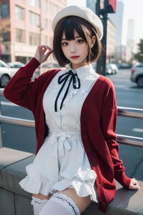 ultra-detailed,highly detailed,best quality,masterpiece,illustration,
kato megumi, 1girl, solo, katou megumi, cosplay,
white hat,frills thighhighs, dress, cardigan, skirt,long sleeves,blue neck ribbon,beret, headwear, open cardigan,red cardigan, frilled trim, loafers,
short hair, blunt bangs, bob cut,
looking at viewer,
<lora:kato megumi_v1_03:0.7>