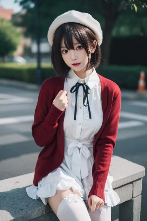 ultra-detailed,highly detailed,best quality,masterpiece,illustration,
kato megumi, 1girl, solo, white hat,frills thighhighs, dress, looking at viewer, short hair, cardigan, katou megumi, skirt, cosplay,long sleeves,blue neck ribbon,beret, headwear, open cardigan,red cardigan, frilled trim, loafers,street,
<lora:kato megumi_v1_03:0.7>