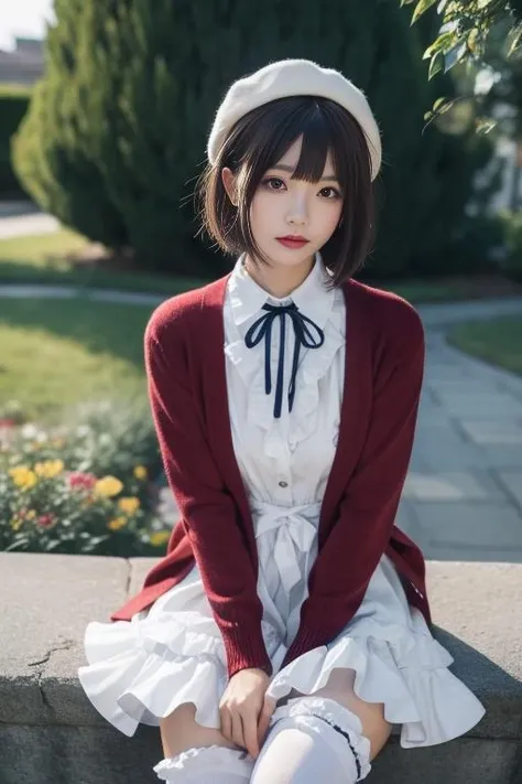ultra-detailed,highly detailed,best quality,masterpiece,illustration,
kato megumi, 1girl, solo, katou megumi, cosplay,
white hat,frills thighhighs, dress, cardigan,  skirt,long sleeves,blue neck ribbon,beret, headwear, open cardigan,red cardigan, frilled trim, loafers,
short hair, blunt bangs, bob cut, 
looking at viewer, 
<lora:kato megumi_v1_03:0.7>
