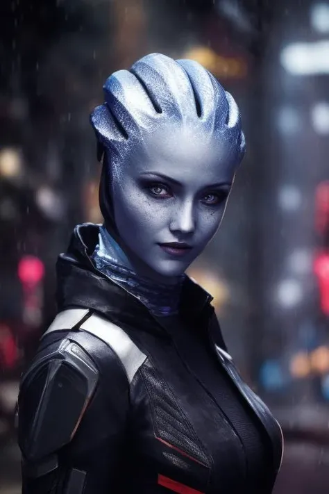 woman, asari, close up, action pose, sci-fi complex clothes, cyberpunk, cyberpunk warehouse, rain, looking into the camera, hair flying, (anime), (illustration), cartoon, detailed